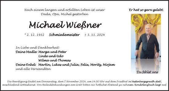 Traueranzeige von Michael Wießner von Nordbayerische Nachrichten Herzogenaurach Lokal