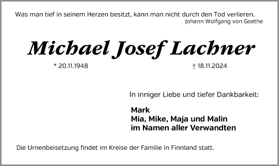 Traueranzeige von Michael Josef Lachner von Gesamtausgabe Nürnberger Nachrichten/ Nürnberger Ztg.