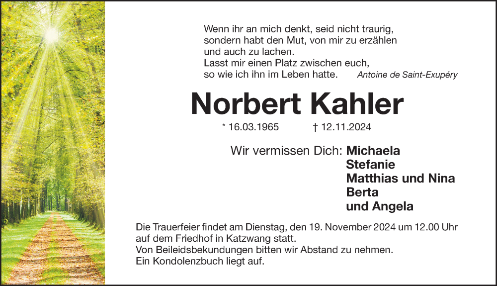  Traueranzeige für Norbert Kahler vom 16.11.2024 aus Gesamtausgabe Nürnberger Nachrichten/ Nürnberger Ztg.