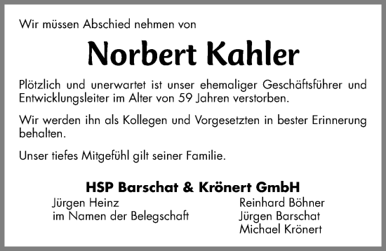 Traueranzeige von Norbert Kahler von Gesamtausgabe Nürnberger Nachrichten/ Nürnberger Ztg.