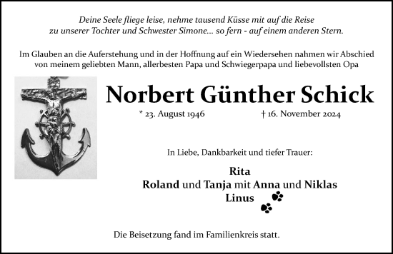 Traueranzeige von Norbert Günther Schick von Gesamtausgabe Nürnberger Nachrichten/ Nürnberger Ztg.