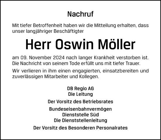 Traueranzeige von Oswin Möller von Weißenburger Tagblatt u.Treuchtlinger Kurier Lokal