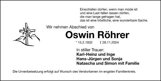 Traueranzeige von Oswin Röhrer von Gesamtausgabe Nürnberger Nachrichten/ Nürnberger Ztg.