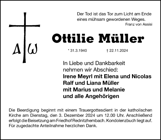 Traueranzeige von Ottilie Müller von Schwabacher Tagblatt Lokal
