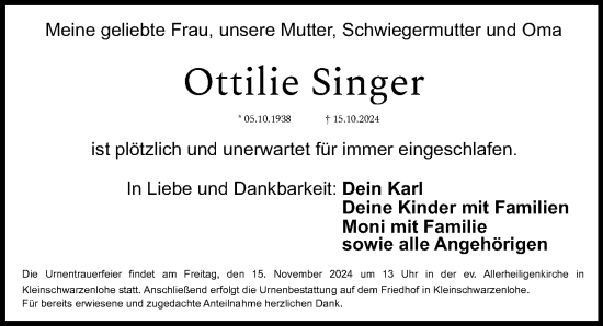 Traueranzeige von Ottilie Singer von Schwabacher Tagblatt Lokal