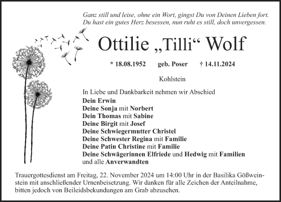 Traueranzeige von Ottilie Wolf von Nordbayerische Nachrichten Forchheim Lokal