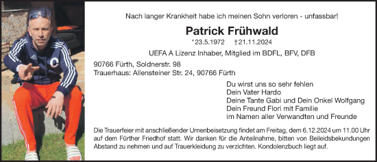 Traueranzeige von Patrick Frühwald von Fürther Nachrichten/ Erlanger Nachrichten