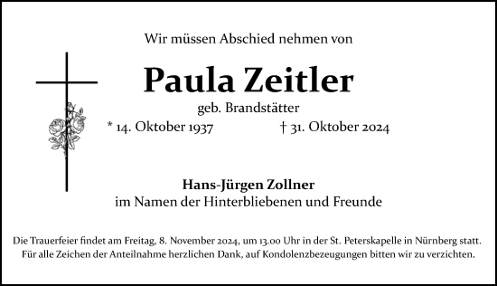 Traueranzeige von Paula Zeitler von Gesamtausgabe Nürnberger Nachrichten/ Nürnberger Ztg.