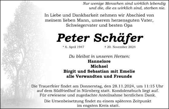 Traueranzeige von Peter Schäfer von Gesamtausgabe Nürnberger Nachrichten/ Nürnberger Ztg.