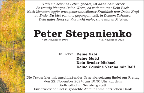 Traueranzeige von Peter Stepanienko von Gesamtausgabe Nürnberger Nachrichten/ Nürnberger Ztg./ Schwabach