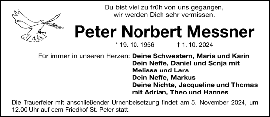 Traueranzeige von Peter Norbert Messner von Gesamtausgabe Nürnberger Nachrichten/ Nürnberger Ztg.