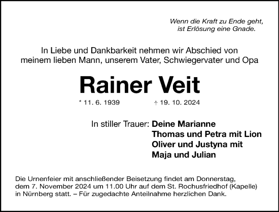 Traueranzeige von Rainer Veit von Gesamtausgabe Nürnberger Nachrichten/ Nürnberger Ztg.