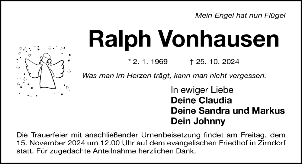  Traueranzeige für Ralph Vonhausen vom 09.11.2024 aus Fürther Nachrichten Lokal