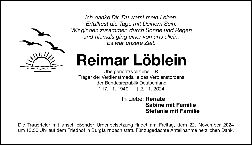  Traueranzeige für Reimar Löblein vom 20.11.2024 aus Fürther Nachrichten Lokal
