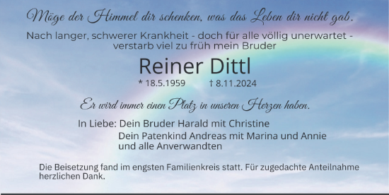 Traueranzeige von Reiner Dittl von Gesamtausgabe Nürnberger Nachrichten/ Nürnberger Ztg.