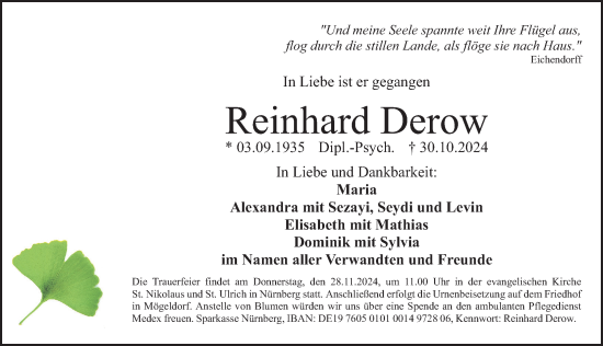 Traueranzeige von Reinhard Derow von Gesamtausgabe Nürnberger Nachrichten/ Nürnberger Ztg.