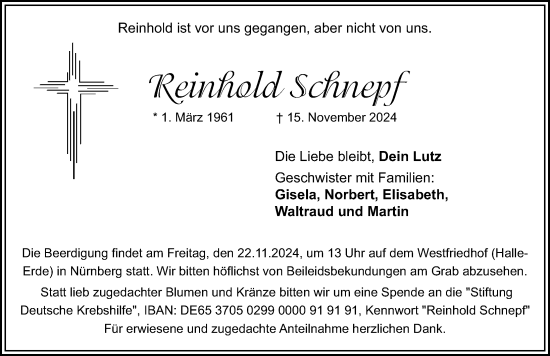 Traueranzeige von Reinhold Schnepf von Gesamtausgabe Nürnberger Nachrichten/ Nürnberger Ztg.