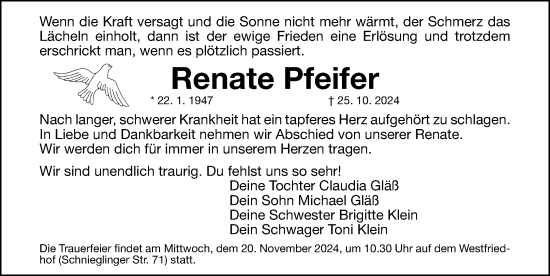 Traueranzeige von Renate Pfeifer von Gesamtausgabe Nürnberger Nachrichten/ Nürnberger Ztg.