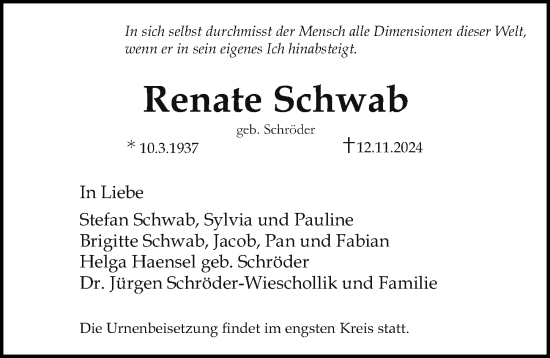 Traueranzeige von Renate Schwab von Erlanger Nachrichten Lokal