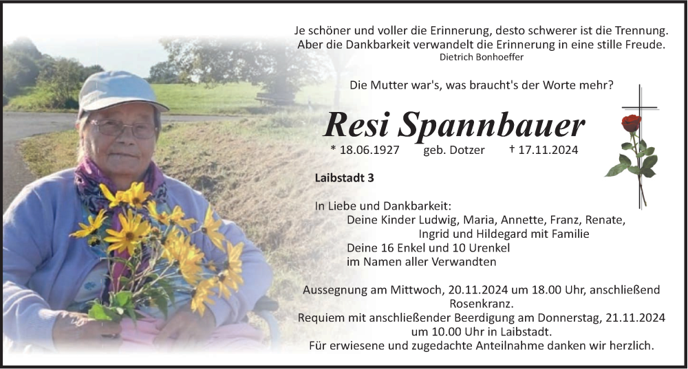  Traueranzeige für Resi Spannbauer vom 19.11.2024 aus Roth-Hilpoltsteiner Volkszeitung Lokal