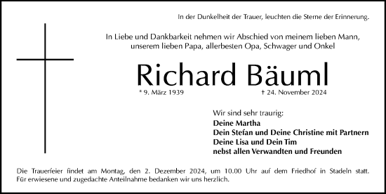 Traueranzeige von Richard Bäuml von Gesamtausgabe Nürnberger Nachrichten/ Nürnberger Ztg.