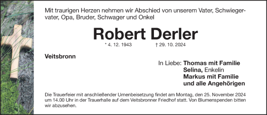 Traueranzeige von Robert Derler von Fürther Nachrichten Lokal