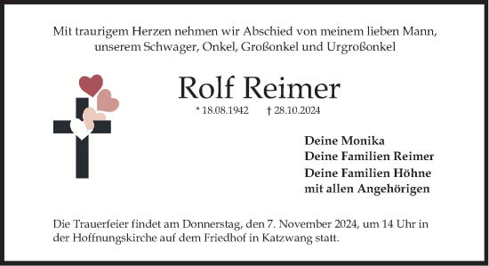 Traueranzeige von Rolf Reimer von Gesamtausgabe Nürnberger Nachrichten/ Nürnberger Ztg.