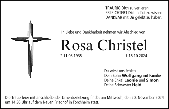 Traueranzeige von Rosa Christel von Nordbayerische Nachrichten Forchheim Lokal
