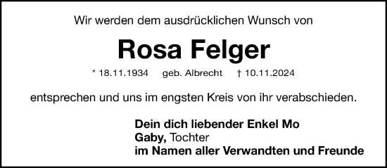 Traueranzeige von Rosa Felger von Fürther Nachrichten Lokal