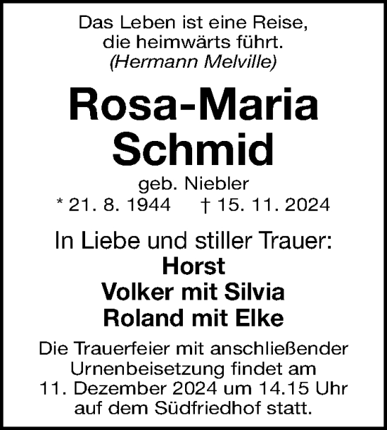 Traueranzeige von Rosa-Maria Schmid von Gesamtausgabe Nürnberger Nachrichten/ Nürnberger Ztg.