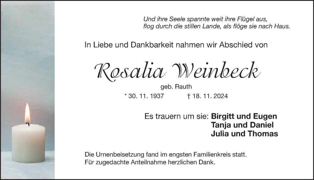  Traueranzeige für Rosalia Weinbeck vom 30.11.2024 aus Roth-Hilpoltsteiner Volkszeitung Lokal
