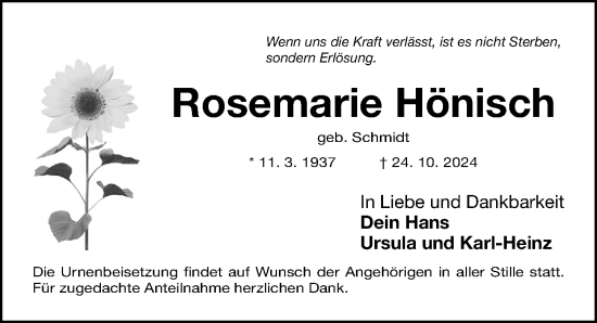 Traueranzeige von Rosemarie Hönisch von Fürther Nachrichten Lokal