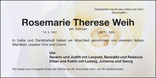 Traueranzeige von Rosemarie Therese Weih von Gesamtausgabe Nürnberger Nachrichten/ Nürnberger Ztg.