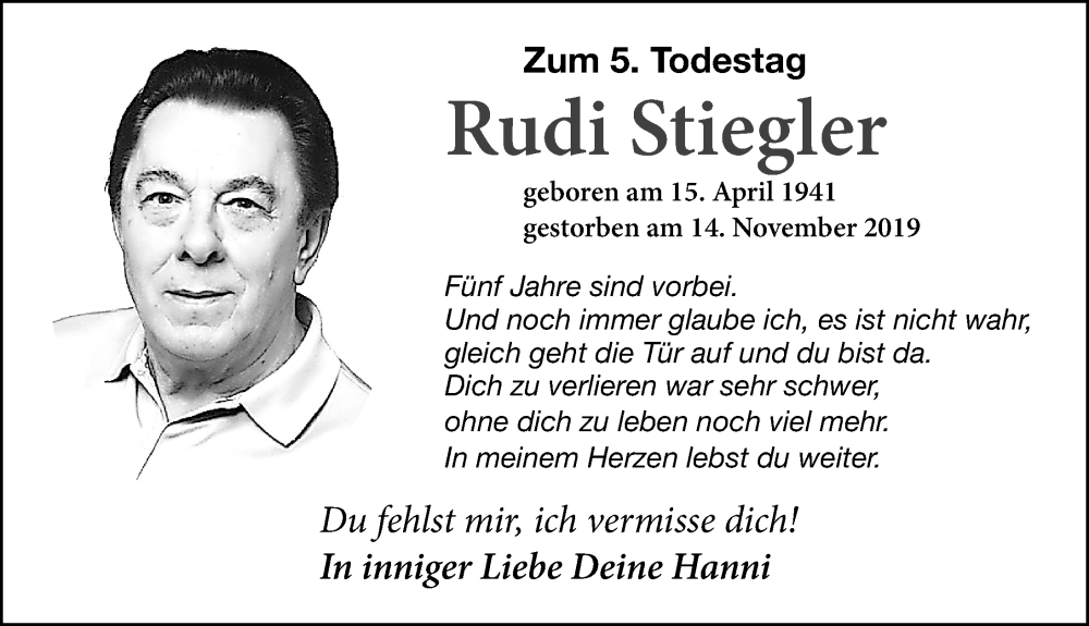  Traueranzeige für Rudi Stiegler vom 14.11.2024 aus Altmühl-Bote Lokal