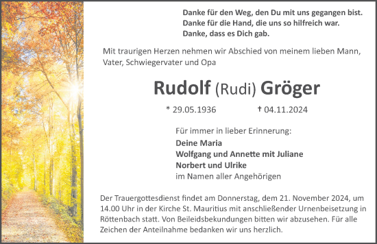Traueranzeige von Rudolf Gröger von Erlanger Nachrichten Lokal