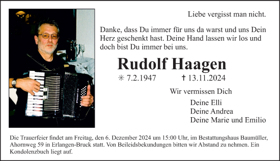 Traueranzeige von Rudolf Haagen von Erlanger Nachrichten Lokal