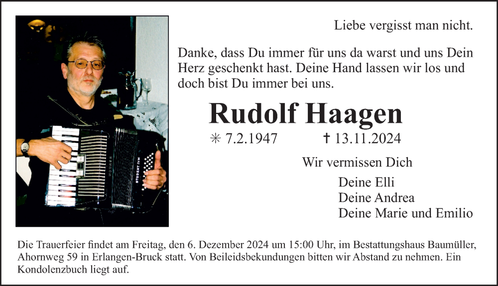  Traueranzeige für Rudolf Haagen vom 30.11.2024 aus Erlanger Nachrichten Lokal