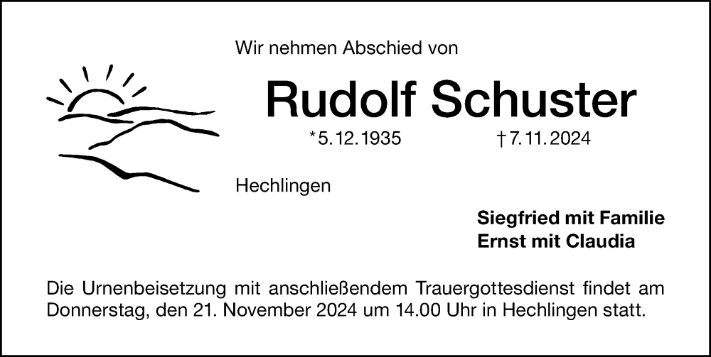  Traueranzeige für Rudolf Schuster vom 19.11.2024 aus Altmühl-Bote Lokal