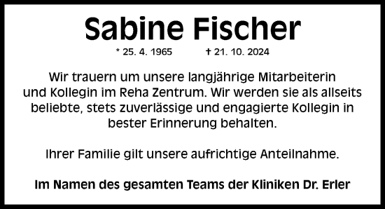 Traueranzeige von Sabine Fischer von Gesamtausgabe Nürnberger Nachrichten/ Nürnberger Ztg.