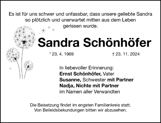 Traueranzeige von Sandra Schönhöfer von Nordbayerische Nachrichten Forchheim Lokal