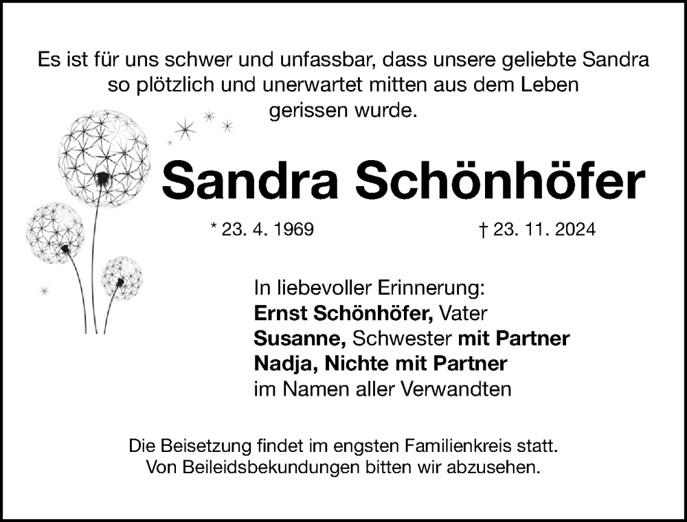  Traueranzeige für Sandra Schönhöfer vom 30.11.2024 aus Nordbayerische Nachrichten Forchheim Lokal