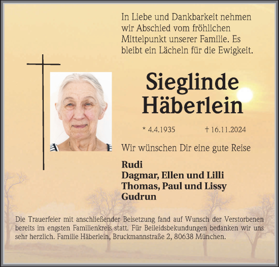 Traueranzeige von Sieglinde Häberlein von Gesamtausgabe Nürnberger Nachrichten/ Nürnberger Ztg.