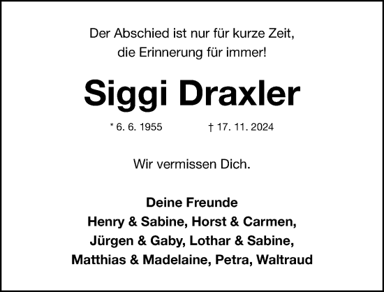 Traueranzeige von Siggi Draxler von Gesamtausgabe Nürnberger Nachrichten/ Nürnberger Ztg.