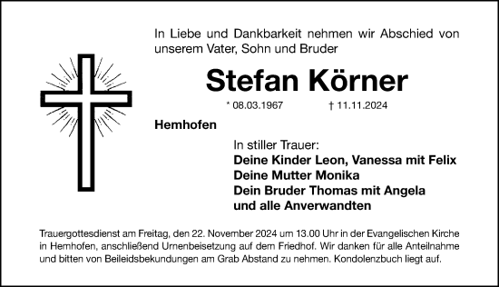 Traueranzeige von Stefan Körner von Nordbayerische Nachrichten Herzogenaurach Lokal