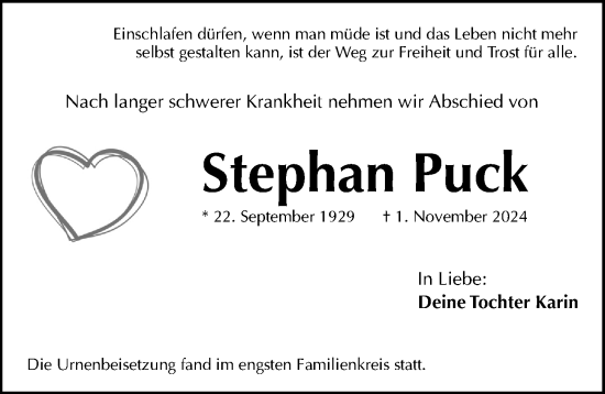 Traueranzeige von Stephan Puck von Gesamtausgabe Nürnberger Nachrichten/ Nürnberger Ztg.