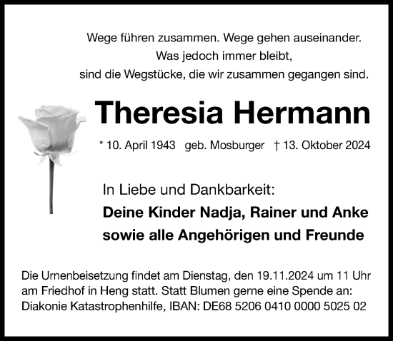 Traueranzeige von Theresia Hermann von Gesamtausgabe Nürnberger Nachrichten/ Nürnberger Ztg.