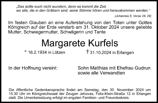 Traueranzeige von Totentafel Kurfels von Gesamtausgabe Nürnberger Nachrichten/ Nürnberger Ztg./ Erlanger Nachrichten