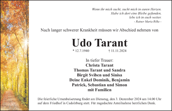 Traueranzeige von Udo Tarant von Fürther Nachrichten Lokal