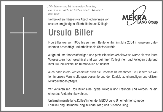 Traueranzeige von Ursula Biller von Fürther Nachrichten Lokal