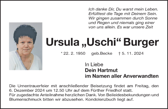 Traueranzeige von Ursula Burger von Gesamtausgabe Nürnberger Nachrichten/ Nürnberger Ztg./ Fürther Nachrichten
